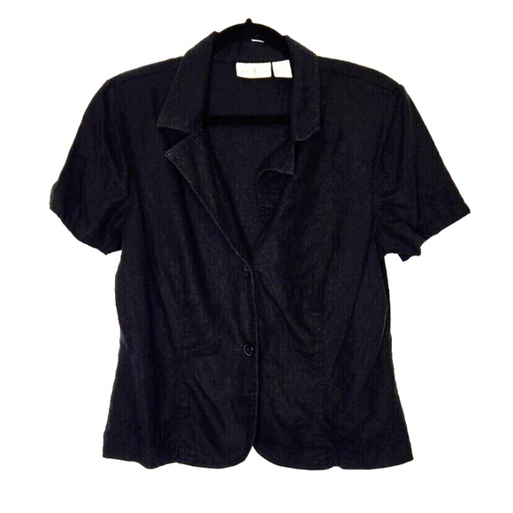 Vintage Studio Ease Womens Top 14 Black Button Front Linen Blend Blouse 80s 90s - Picture 1 of 10